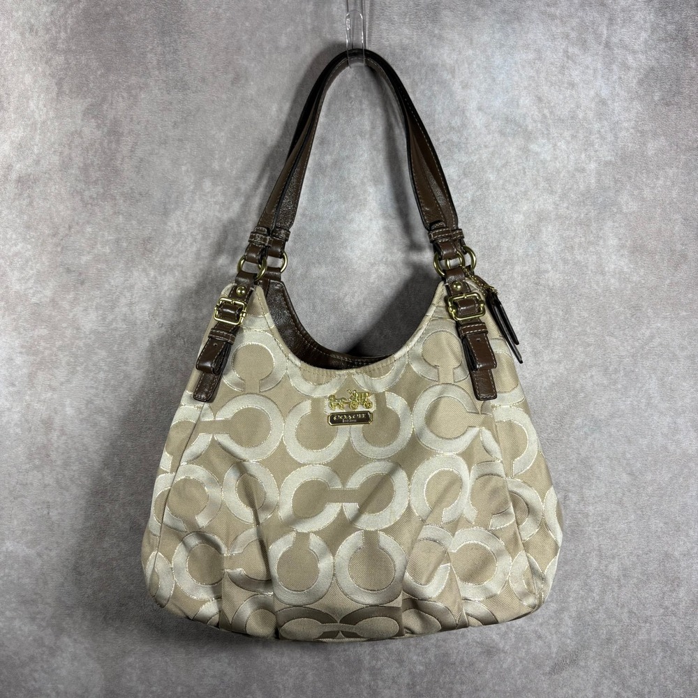 Coach Hobo Womens Medium Beige Signature Optic Art Jacquard Leather Trim Bag